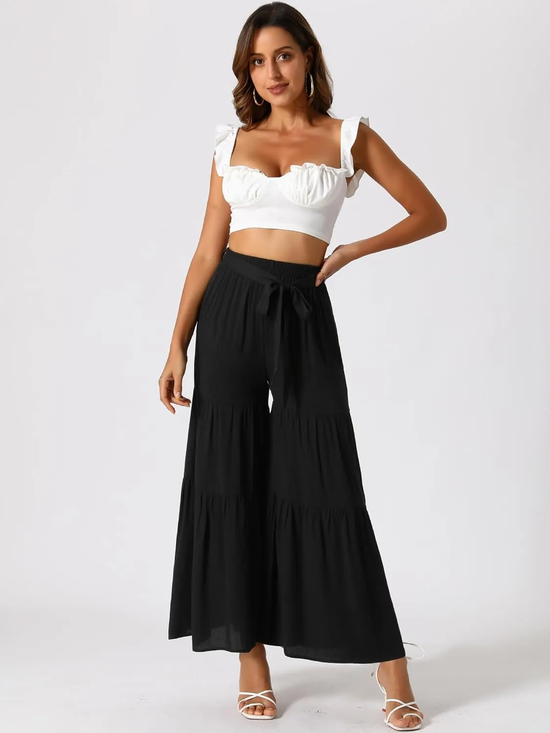 Allegra K Women's Boho Elastic High Waisted Ruffles Flare Palazzo Wide Leg Pants