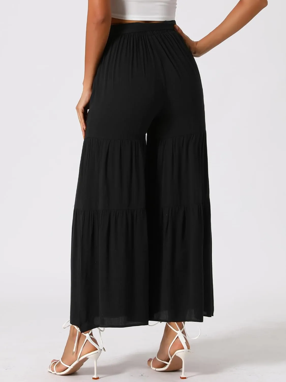 Allegra K Women's Boho Elastic High Waisted Ruffles Flare Palazzo Wide Leg Pants