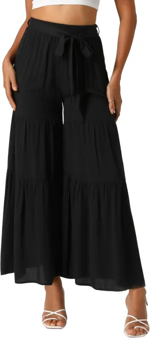 Allegra K Women's Boho Elastic High Waisted Ruffles Flare Palazzo Wide Leg Pants