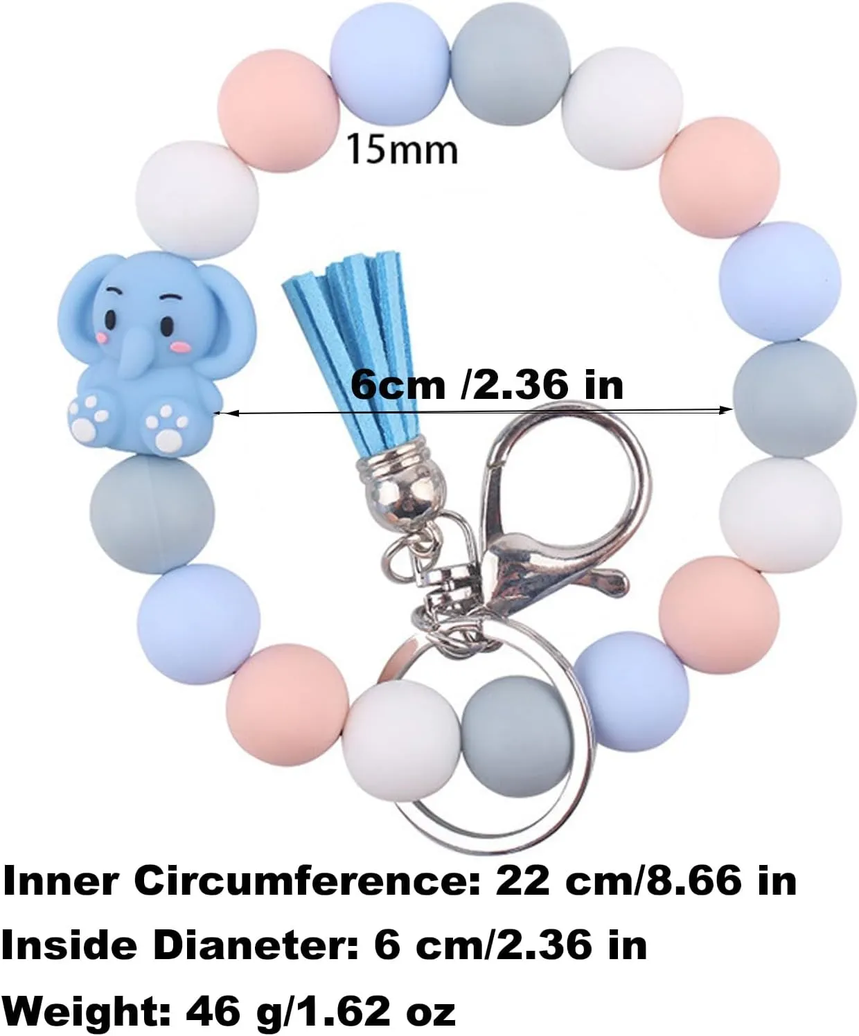 Animals Beaded Silicone Bracelet Wristlet Keychain, Cat Dog Elephant Lamb Tiger Penguin Koala Frog Bangle Keyring for Women