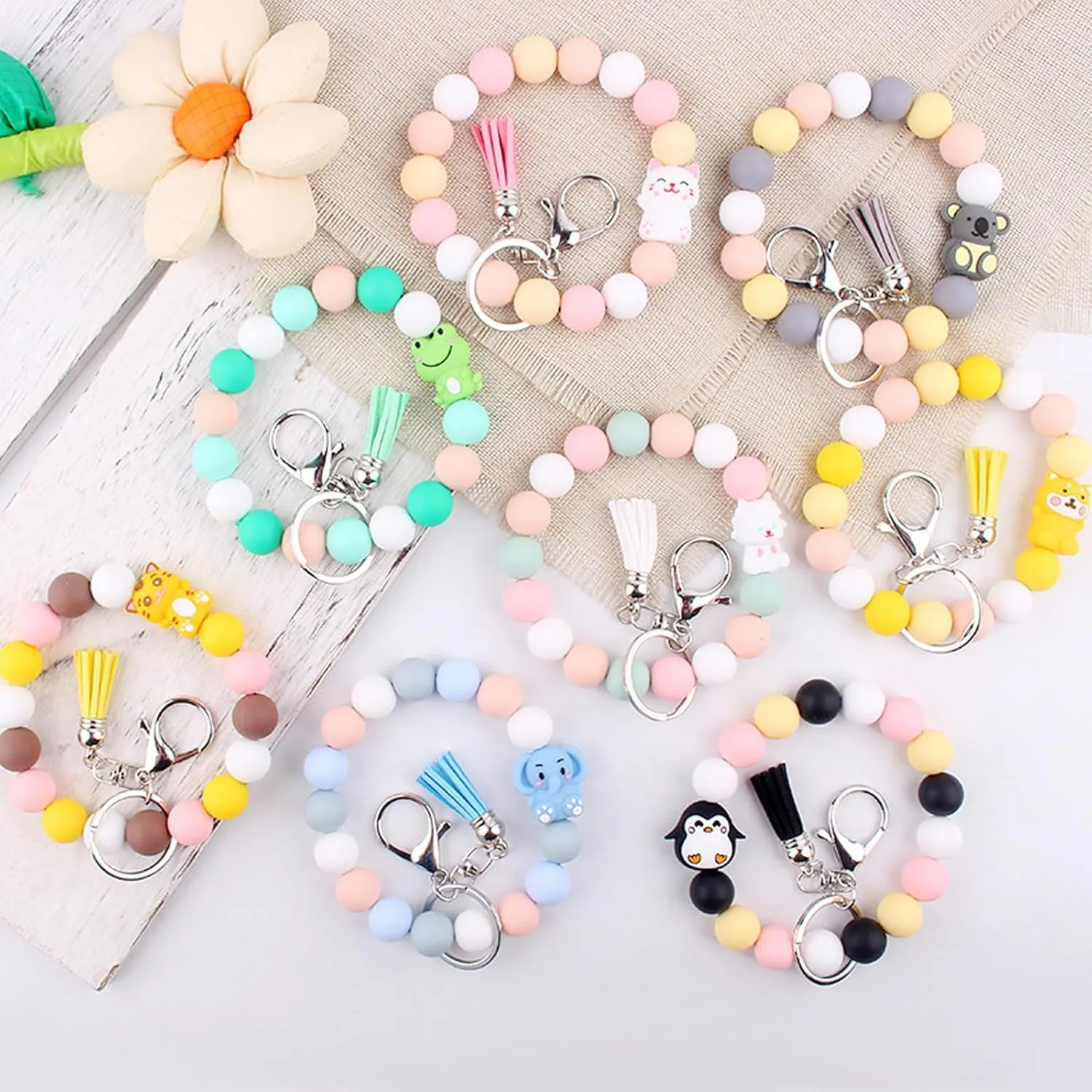 Animals Beaded Silicone Bracelet Wristlet Keychain, Cat Dog Elephant Lamb Tiger Penguin Koala Frog Bangle Keyring for Women