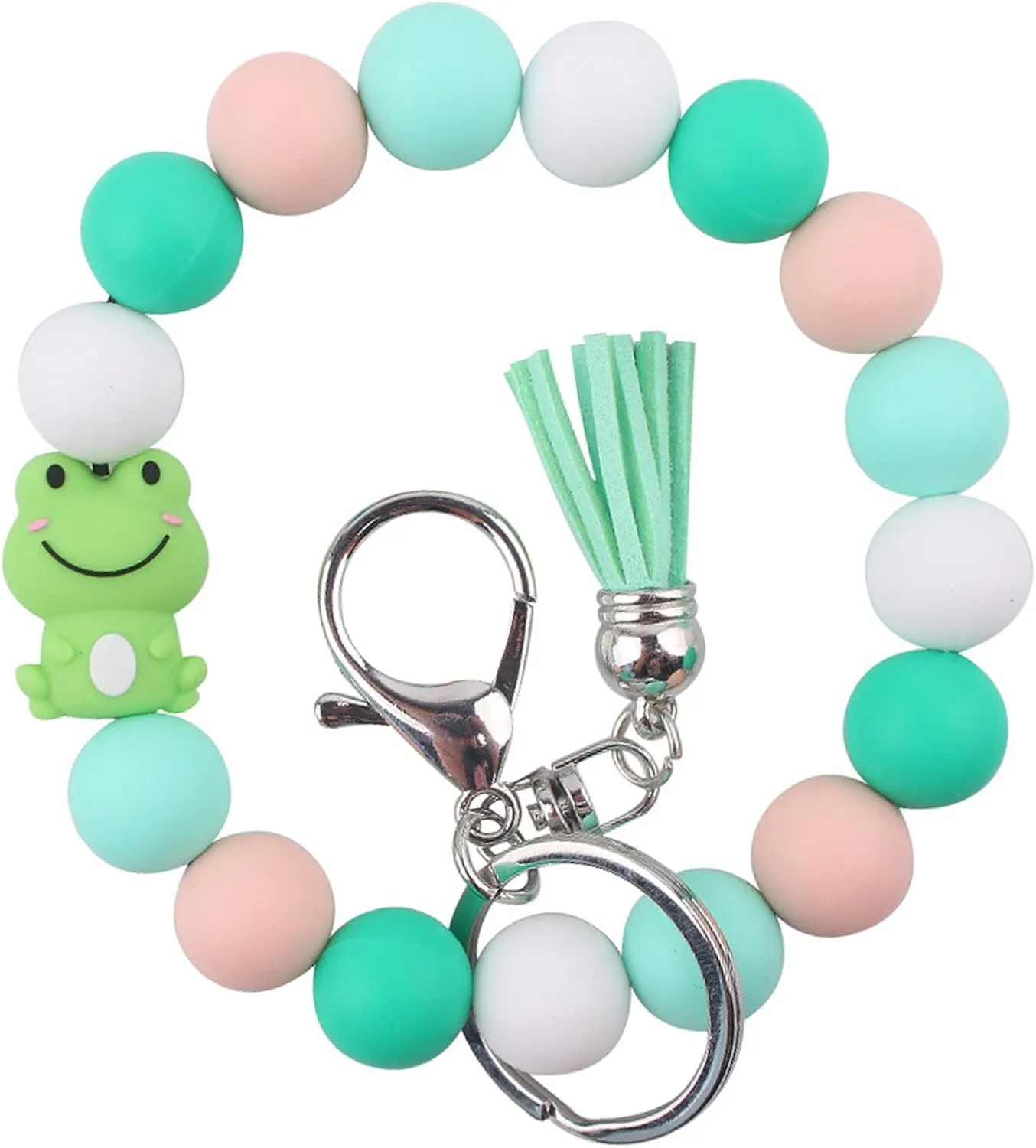 Animals Beaded Silicone Bracelet Wristlet Keychain, Cat Dog Elephant Lamb Tiger Penguin Koala Frog Bangle Keyring for Women