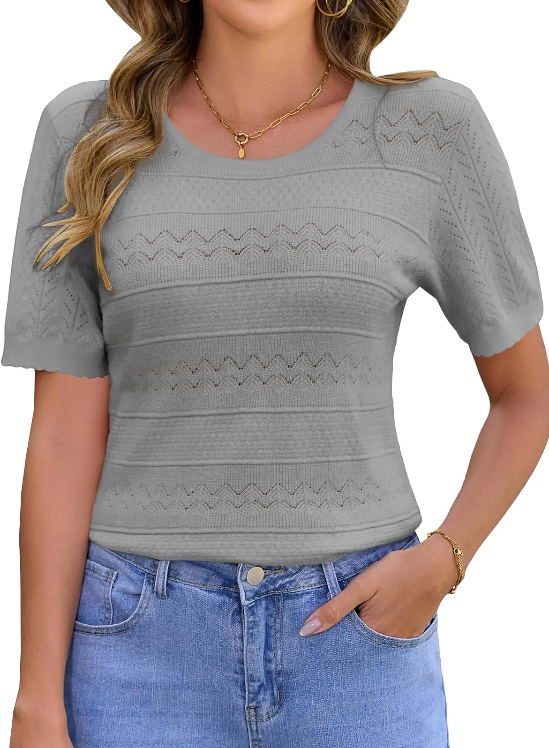 Arolina 2025 Short Sleeve Sweater for Women Lightweight Summer Pullover Sweaters Casual Work Crochet Knit Tops