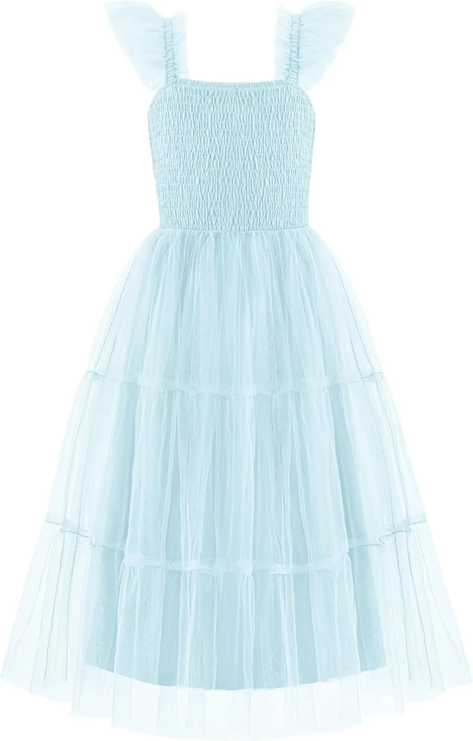 Arshiner Tween Girls Dress Ruffle Sleeve Elastic Straps Smocked A-Line Tulle Summer Long Patry Birthday Sundress