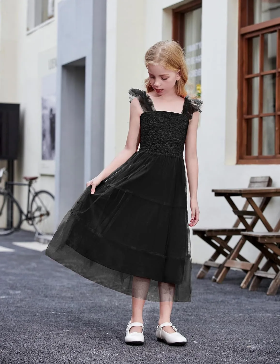 Arshiner Tween Girls Dress Ruffle Sleeve Elastic Straps Smocked A-Line Tulle Summer Long Patry Birthday Sundress