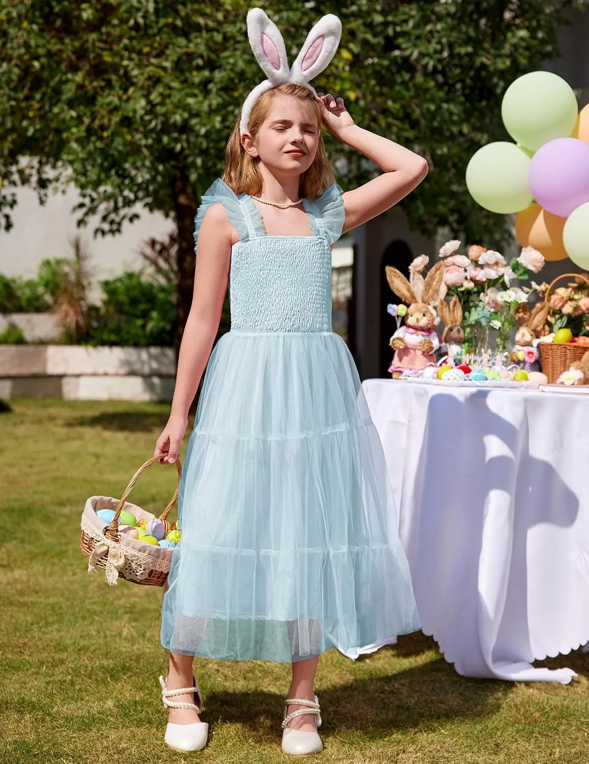 Arshiner Tween Girls Dress Ruffle Sleeve Elastic Straps Smocked A-Line Tulle Summer Long Patry Birthday Sundress