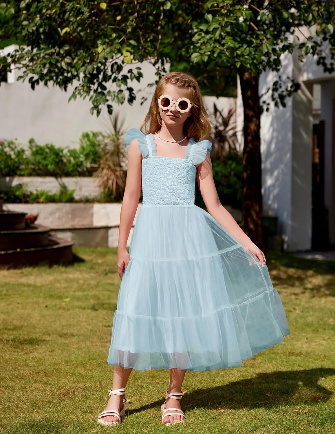 Arshiner Tween Girls Dress Ruffle Sleeve Elastic Straps Smocked A-Line Tulle Summer Long Patry Birthday Sundress