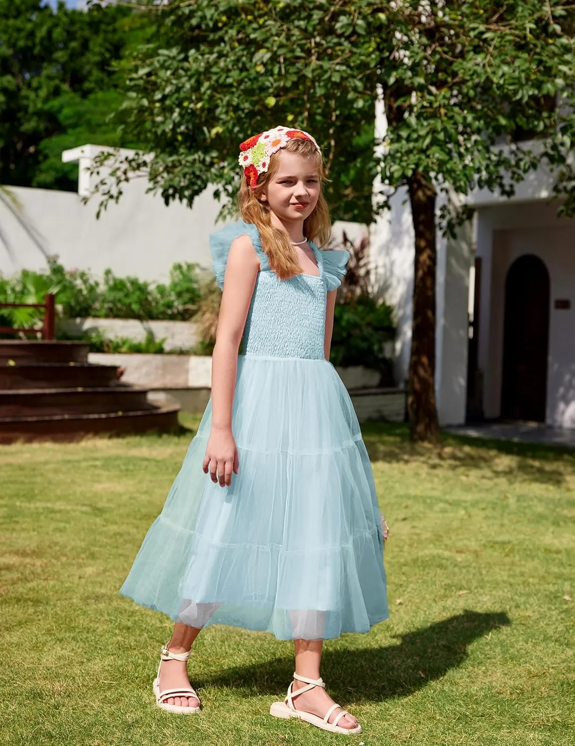 Arshiner Tween Girls Dress Ruffle Sleeve Elastic Straps Smocked A-Line Tulle Summer Long Patry Birthday Sundress
