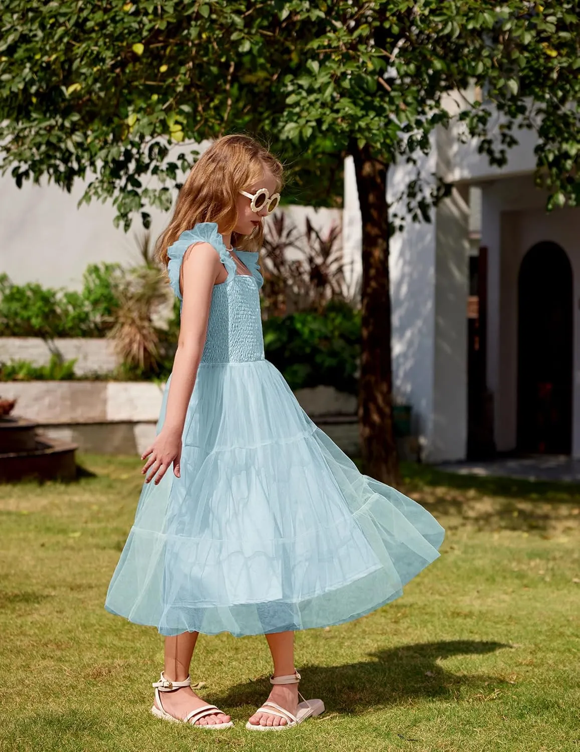 Arshiner Tween Girls Dress Ruffle Sleeve Elastic Straps Smocked A-Line Tulle Summer Long Patry Birthday Sundress