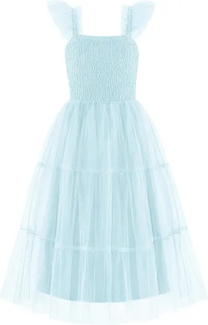 Arshiner Tween Girls Dress Ruffle Sleeve Elastic Straps Smocked A-Line Tulle Summer Long Patry Birthday Sundress