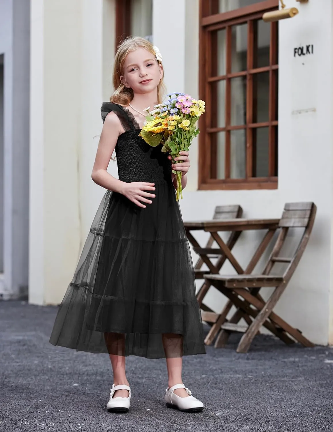 Arshiner Tween Girls Dress Ruffle Sleeve Elastic Straps Smocked A-Line Tulle Summer Long Patry Birthday Sundress