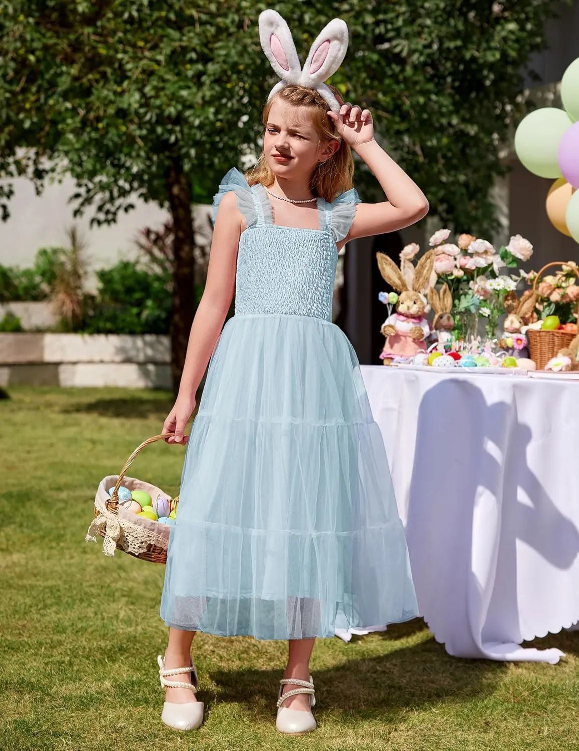Arshiner Tween Girls Dress Ruffle Sleeve Elastic Straps Smocked A-Line Tulle Summer Long Patry Birthday Sundress