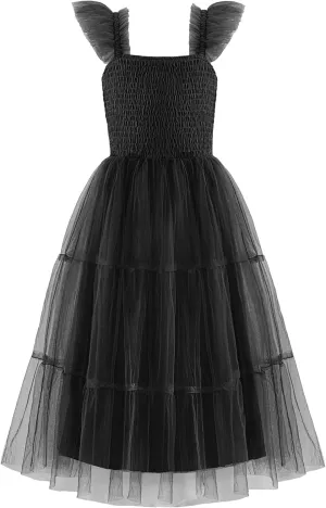 Arshiner Tween Girls Dress Ruffle Sleeve Elastic Straps Smocked A-Line Tulle Summer Long Patry Birthday Sundress