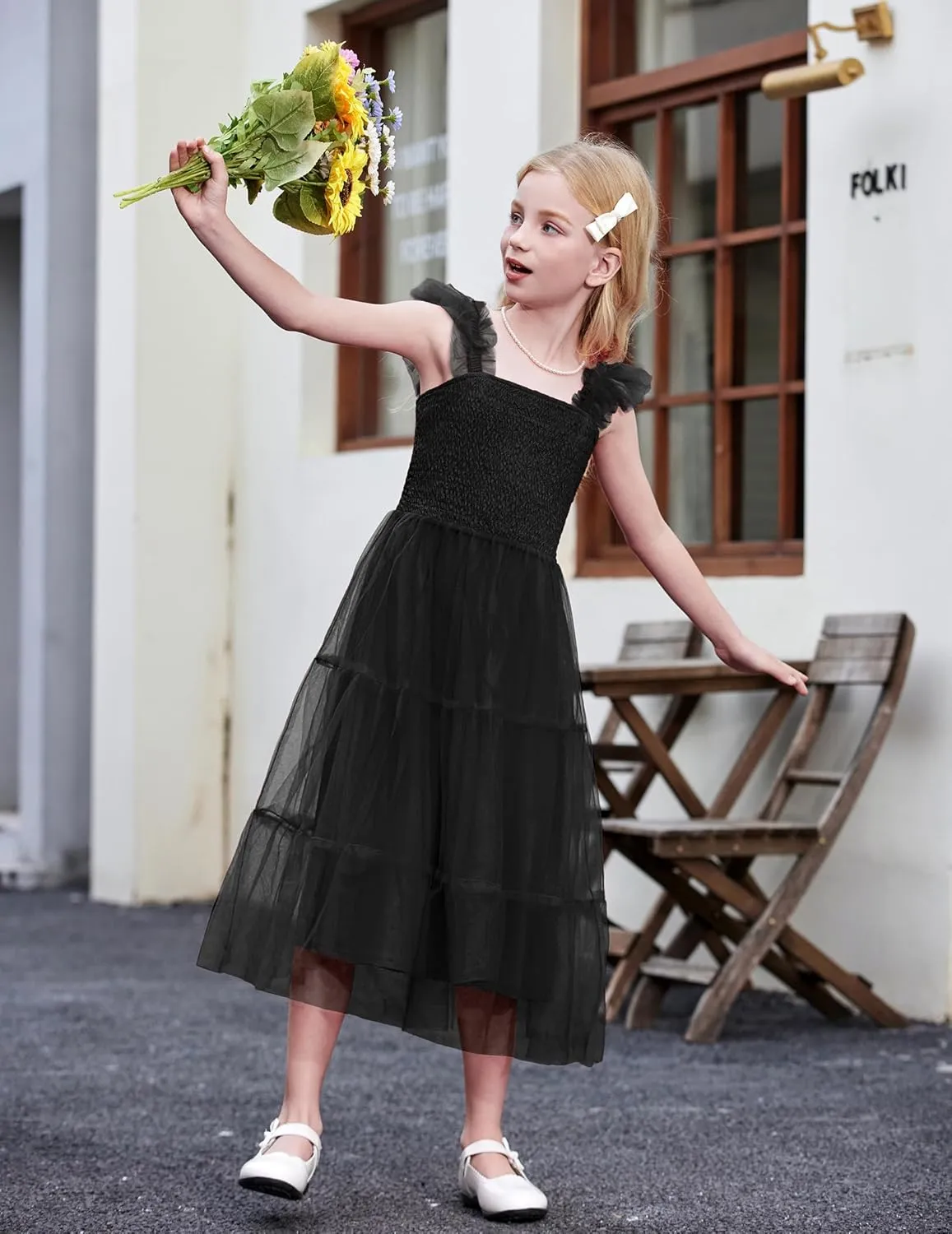 Arshiner Tween Girls Dress Ruffle Sleeve Elastic Straps Smocked A-Line Tulle Summer Long Patry Birthday Sundress
