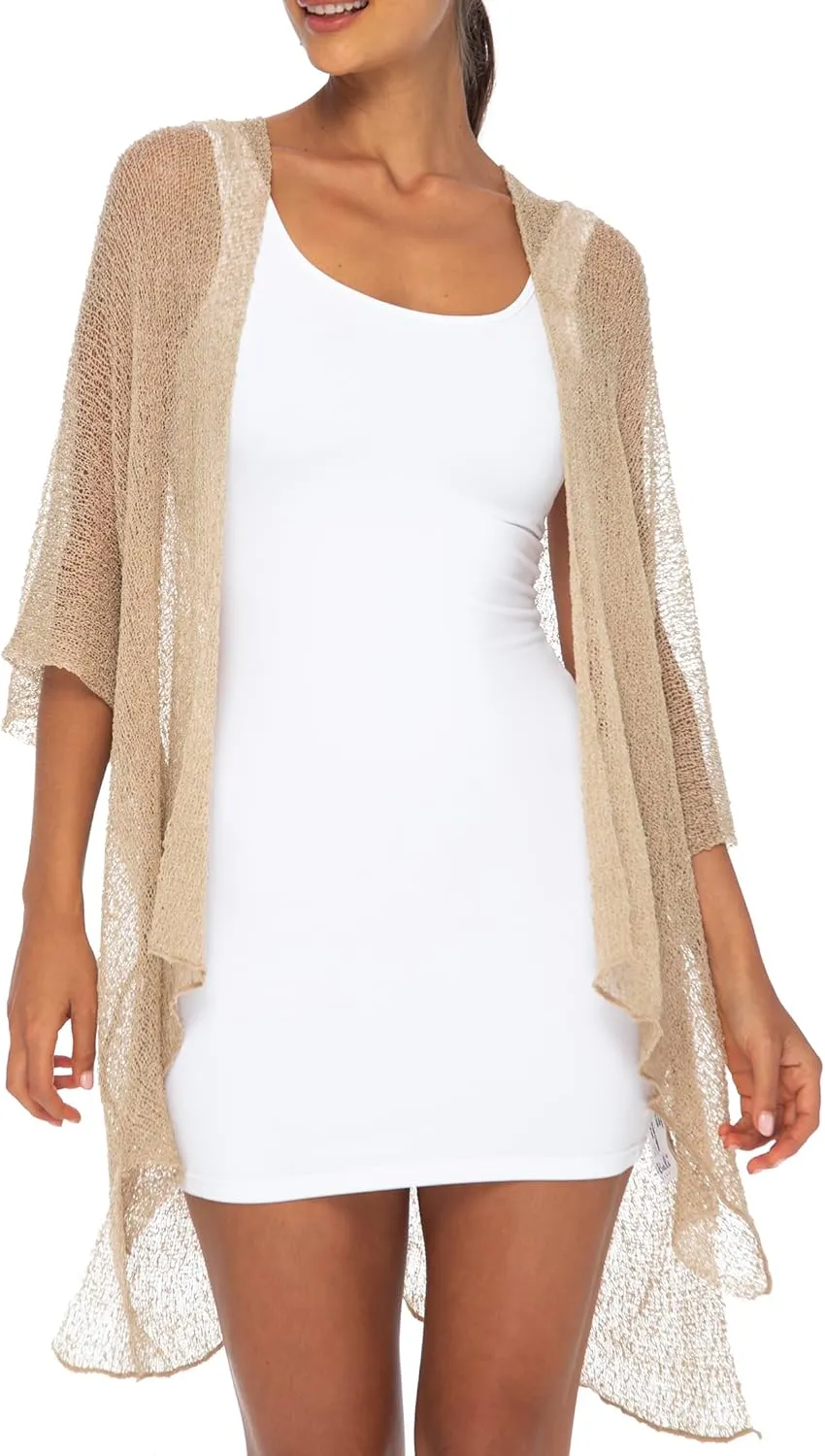Back From Bali Womens Sheer Long Cardigan Lightweight Mesh Knit Kimono Duster  Sleeves Shrug with Curved Hem