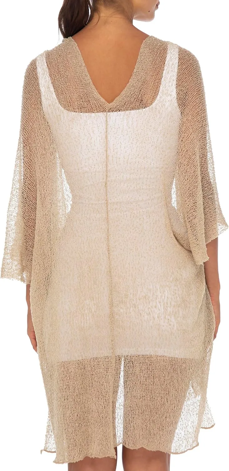Back From Bali Womens Sheer Long Cardigan Lightweight Mesh Knit Kimono Duster  Sleeves Shrug with Curved Hem