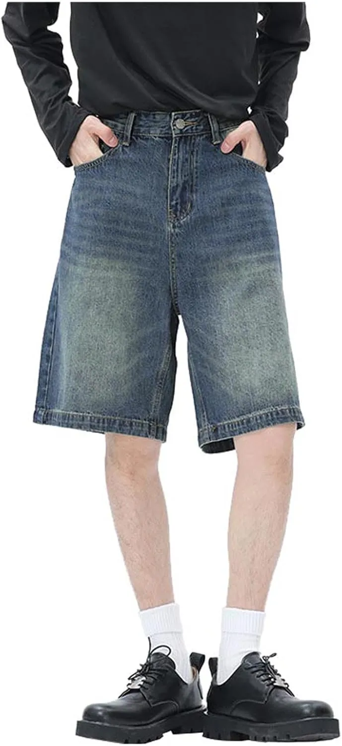 Baggy Jean Shorts for Men Summer Casual Loose Fit Hip Hop Long Denim Shorts with Pockets
