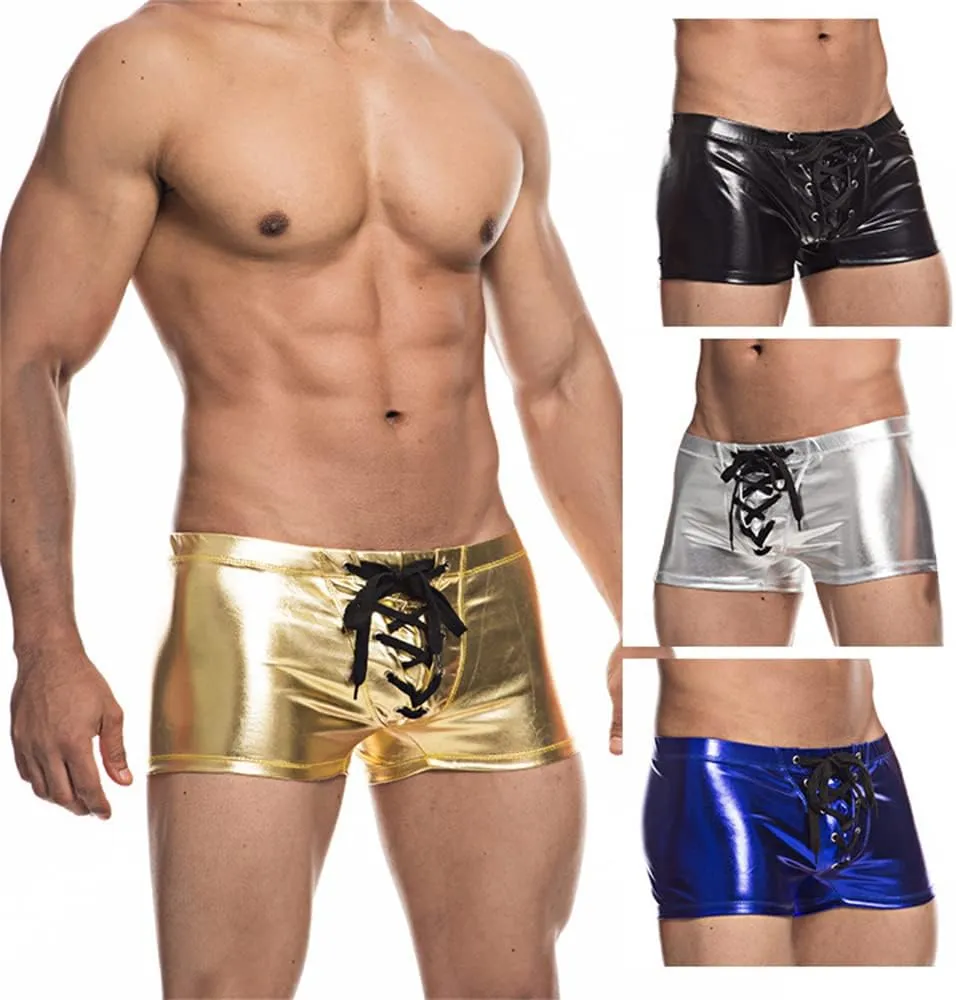 BaronHong Men's Drawstring Sexy Swim Underwear Briefs Shiny Board Shorts Stretchy Swimsuit Boyshorts