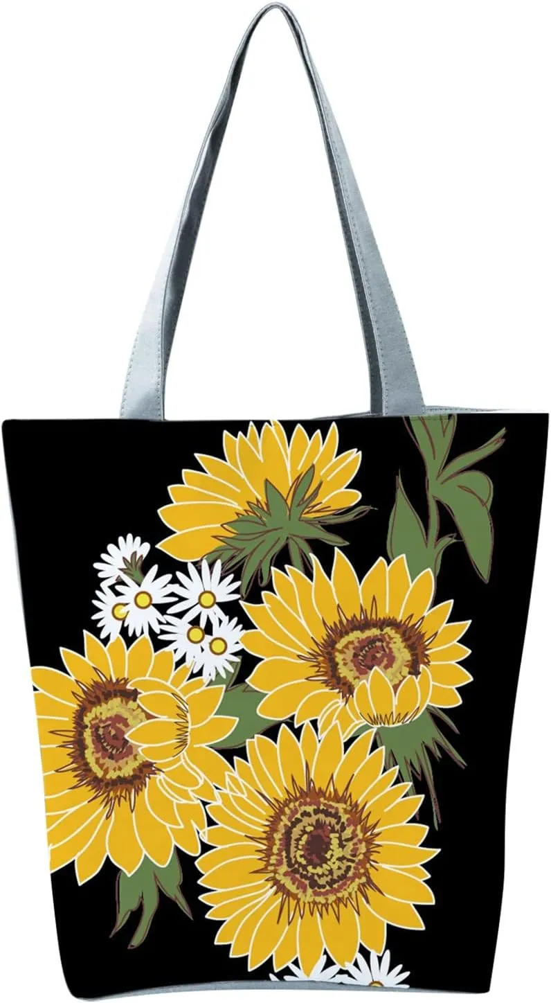 Beach Tote Bag Sunflower Printed Canvas Women's Casual Large Zippered Shoulder Bag For Outdoor Beach Travel Essential i