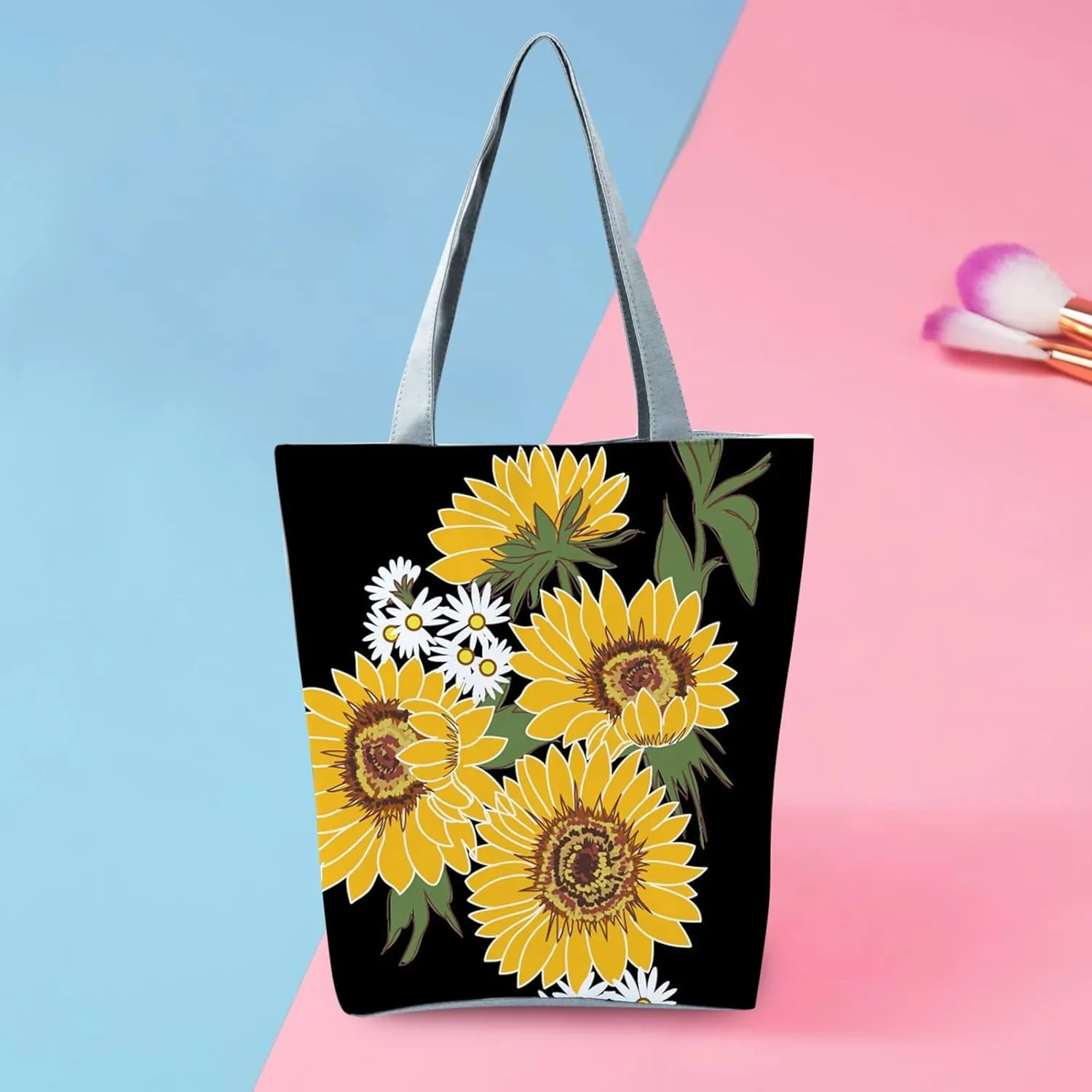 Beach Tote Bag Sunflower Printed Canvas Women's Casual Large Zippered Shoulder Bag For Outdoor Beach Travel Essential i