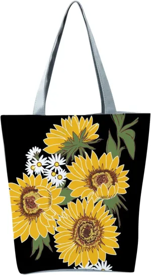 Beach Tote Bag Sunflower Printed Canvas Women's Casual Large Zippered Shoulder Bag For Outdoor Beach Travel Essential i