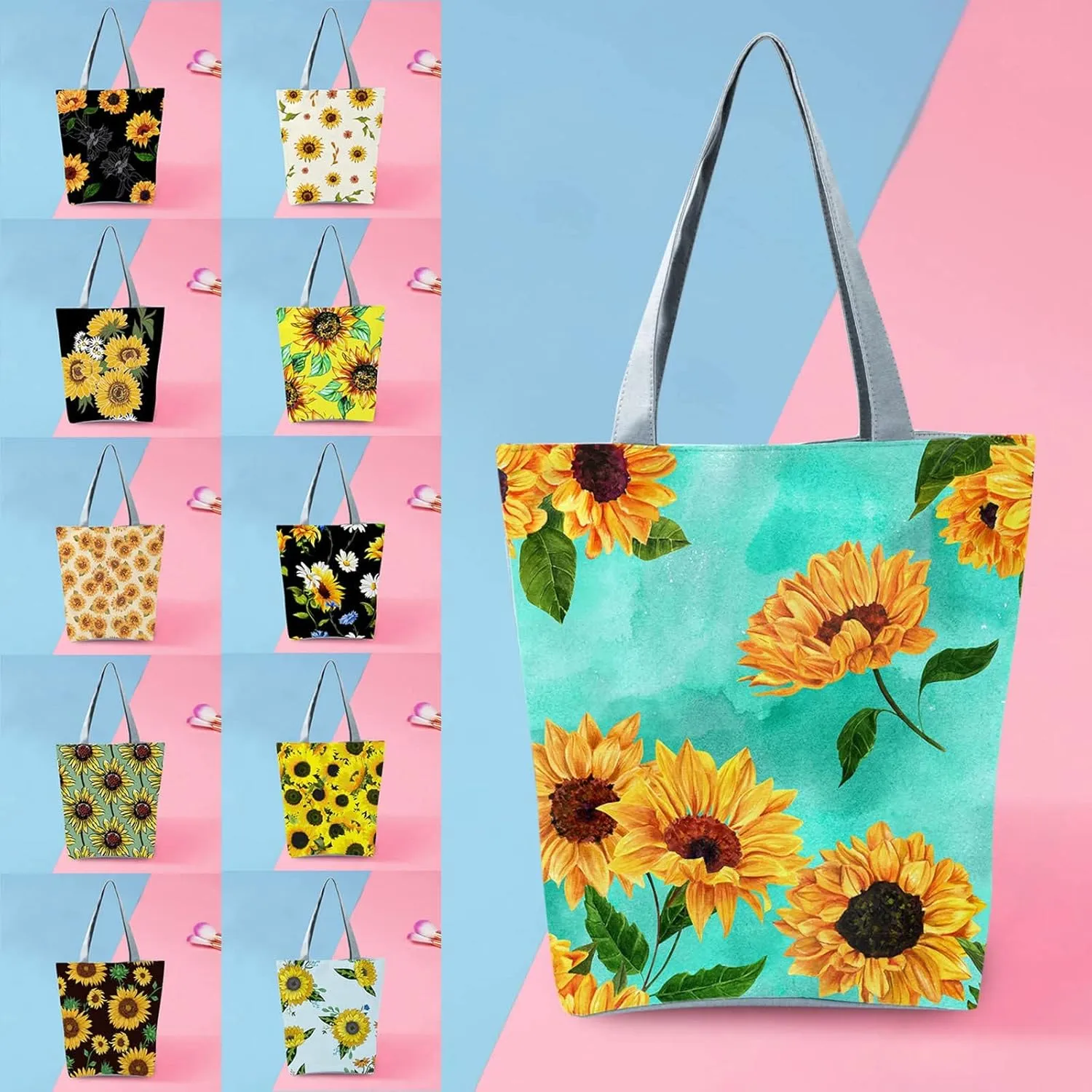 Beach Tote Bag Sunflower Printed Canvas Women's Casual Large Zippered Shoulder Bag For Outdoor Beach Travel Essential i