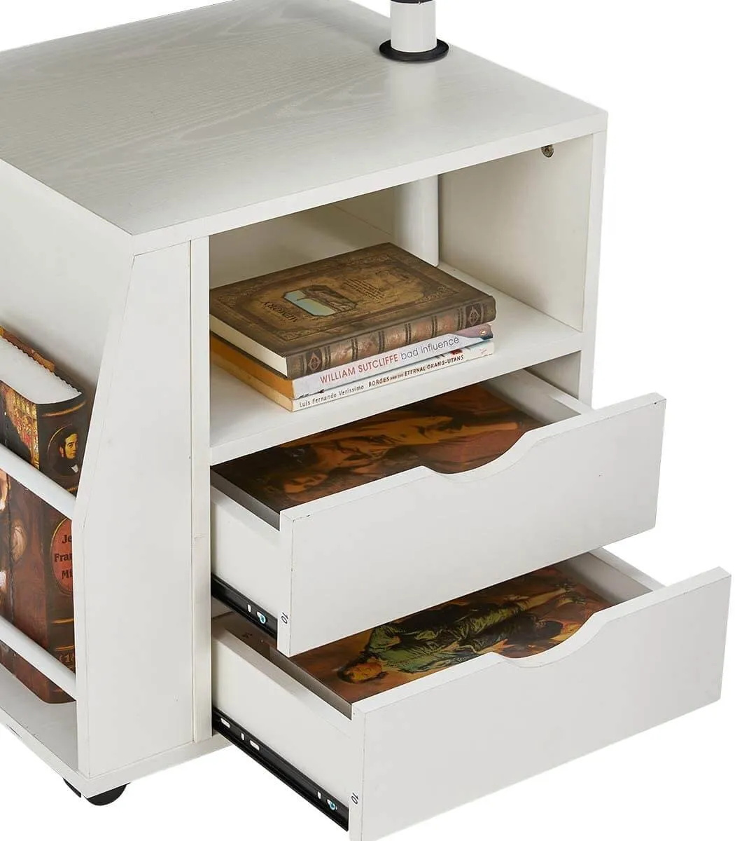 Bedside Table Height Adjustable End Table, Wooden Nightstand with Swivel Top, Storage Drawers & Universal Wheels, White