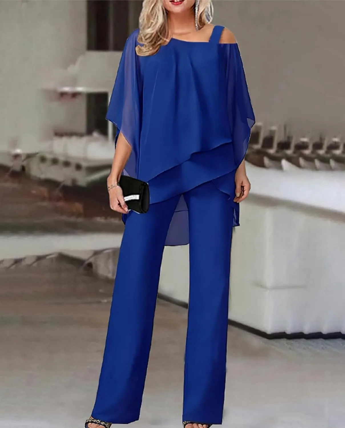 Bengbobar Women's Formal Pants Suits Chiffon Cocktail Pantsuits Guest Irregular Dressy Pantsuits for Wedding Evening Party