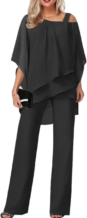 Bengbobar Women's Formal Pants Suits Chiffon Cocktail Pantsuits Guest Irregular Dressy Pantsuits for Wedding Evening Party