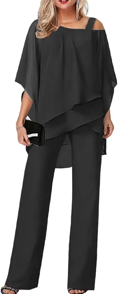 Bengbobar Women's Formal Pants Suits Chiffon Cocktail Pantsuits Guest Irregular Dressy Pantsuits for Wedding Evening Party