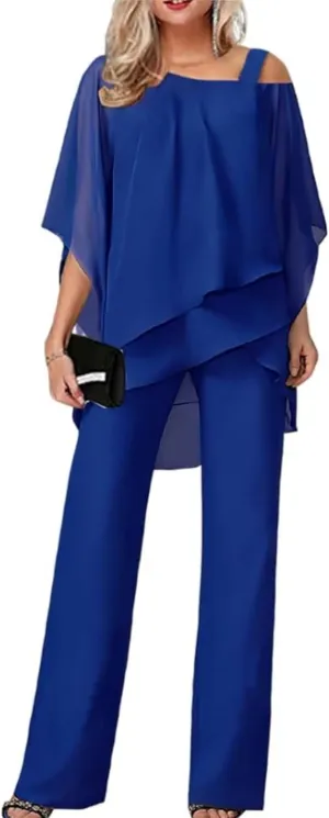 Bengbobar Women's Formal Pants Suits Chiffon Cocktail Pantsuits Guest Irregular Dressy Pantsuits for Wedding Evening Party