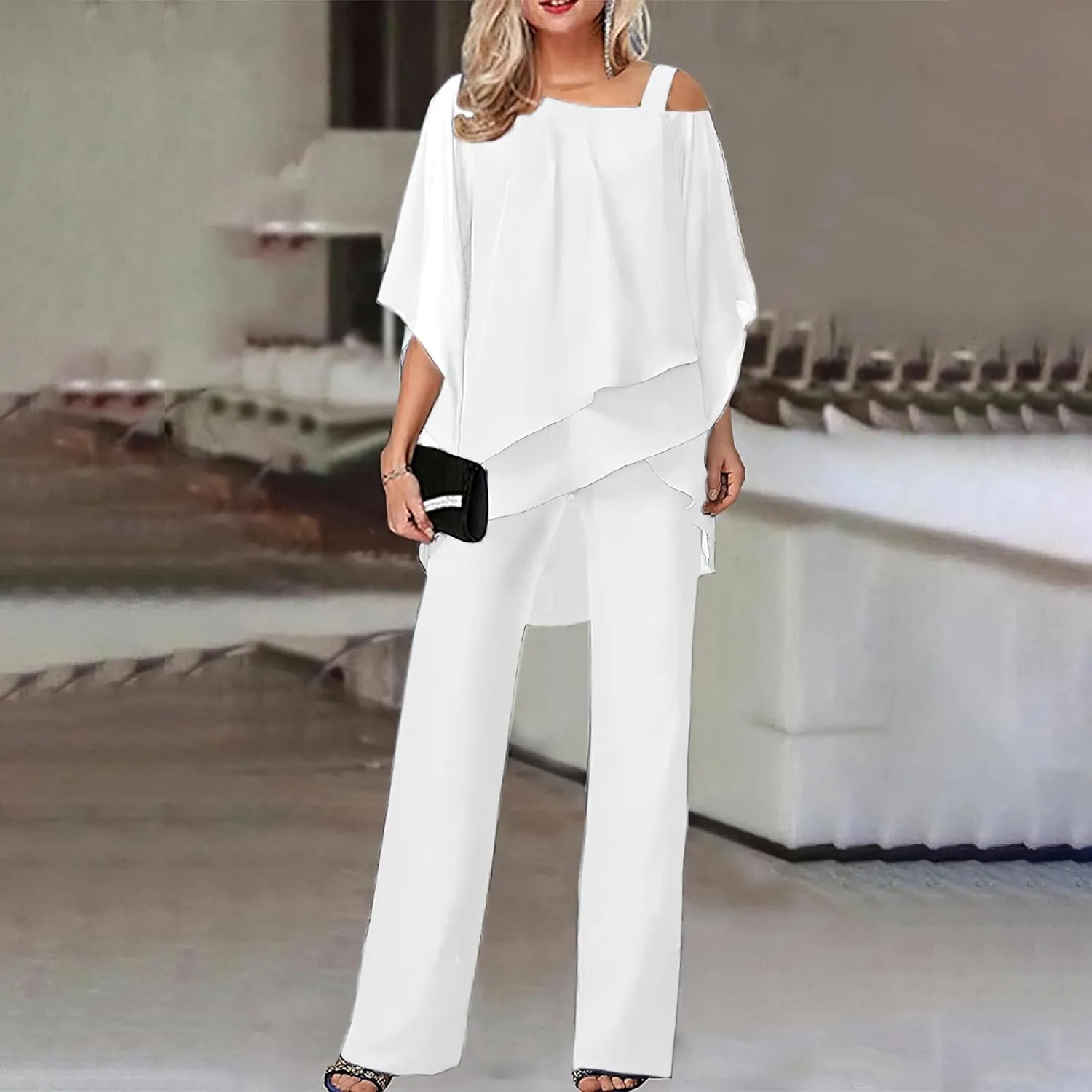 Bengbobar Women's Formal Pants Suits Chiffon Cocktail Pantsuits Guest Irregular Dressy Pantsuits for Wedding Evening Party