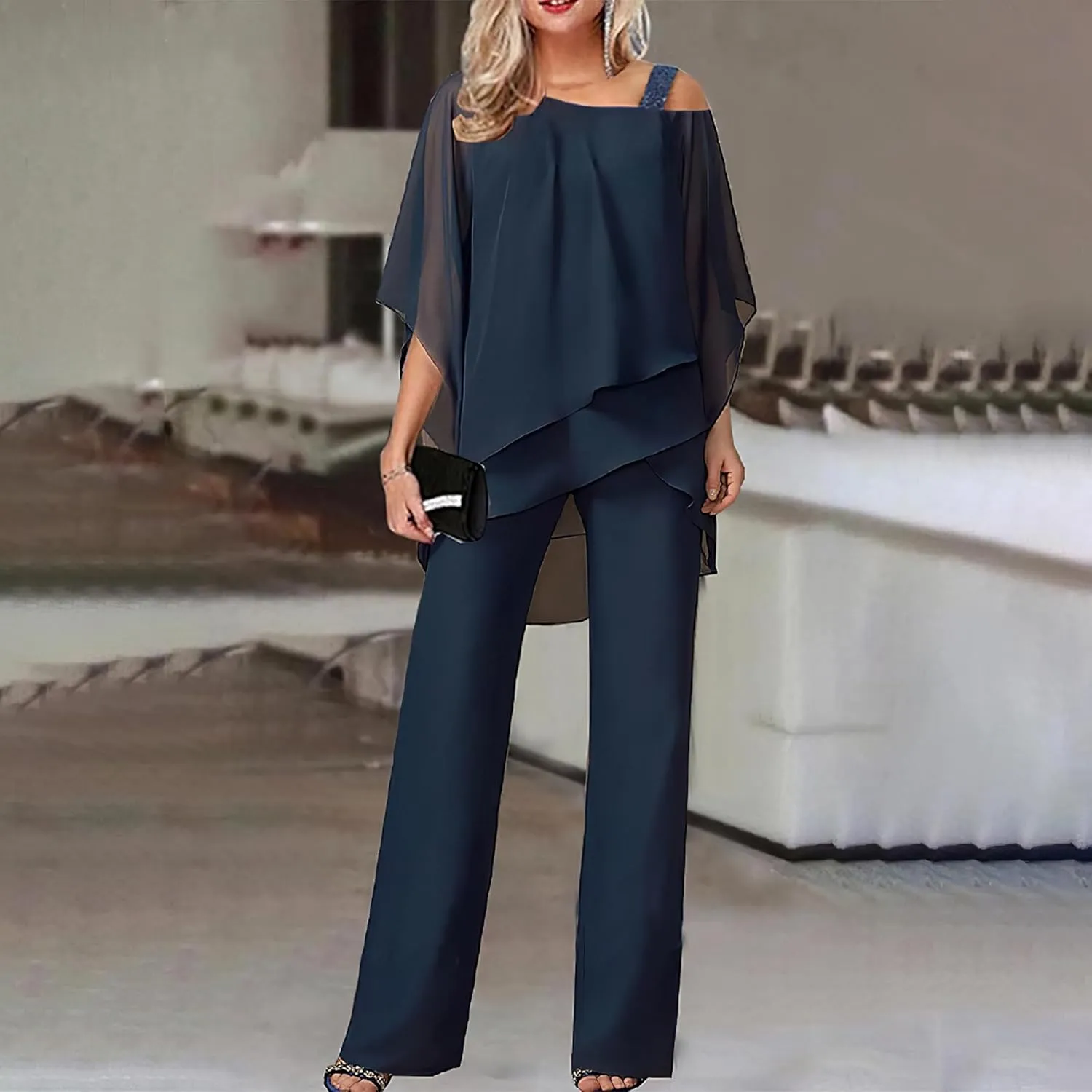 Bengbobar Women's Formal Pants Suits Chiffon Cocktail Pantsuits Guest Irregular Dressy Pantsuits for Wedding Evening Party