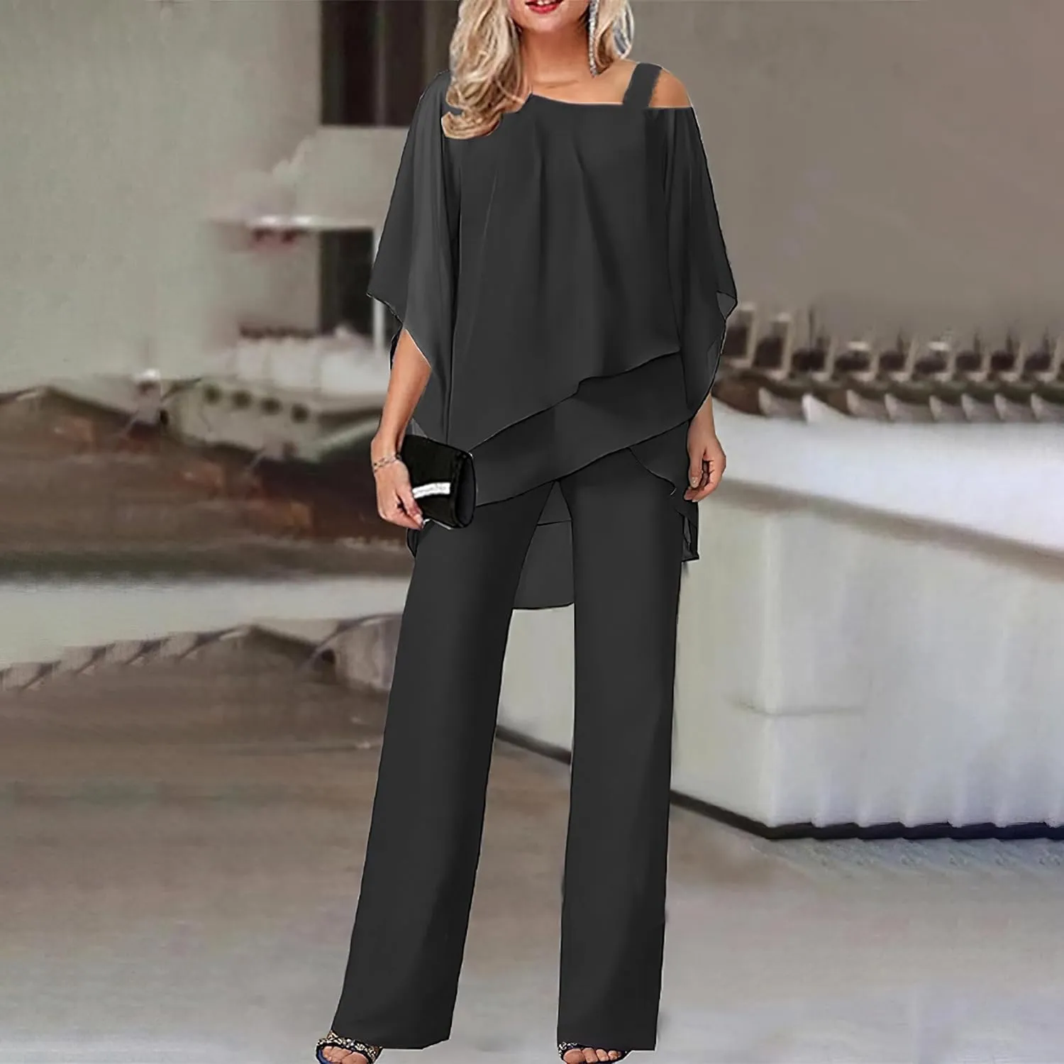 Bengbobar Women's Formal Pants Suits Chiffon Cocktail Pantsuits Guest Irregular Dressy Pantsuits for Wedding Evening Party