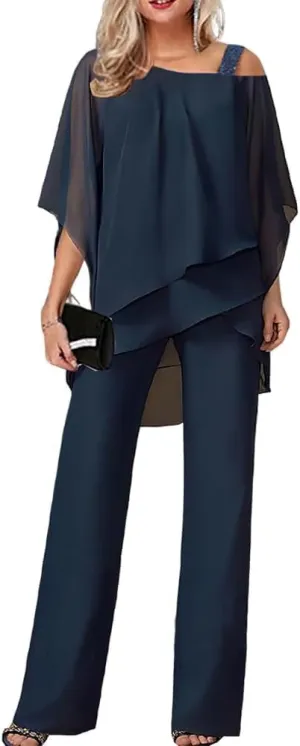 Bengbobar Women's Formal Pants Suits Chiffon Cocktail Pantsuits Guest Irregular Dressy Pantsuits for Wedding Evening Party