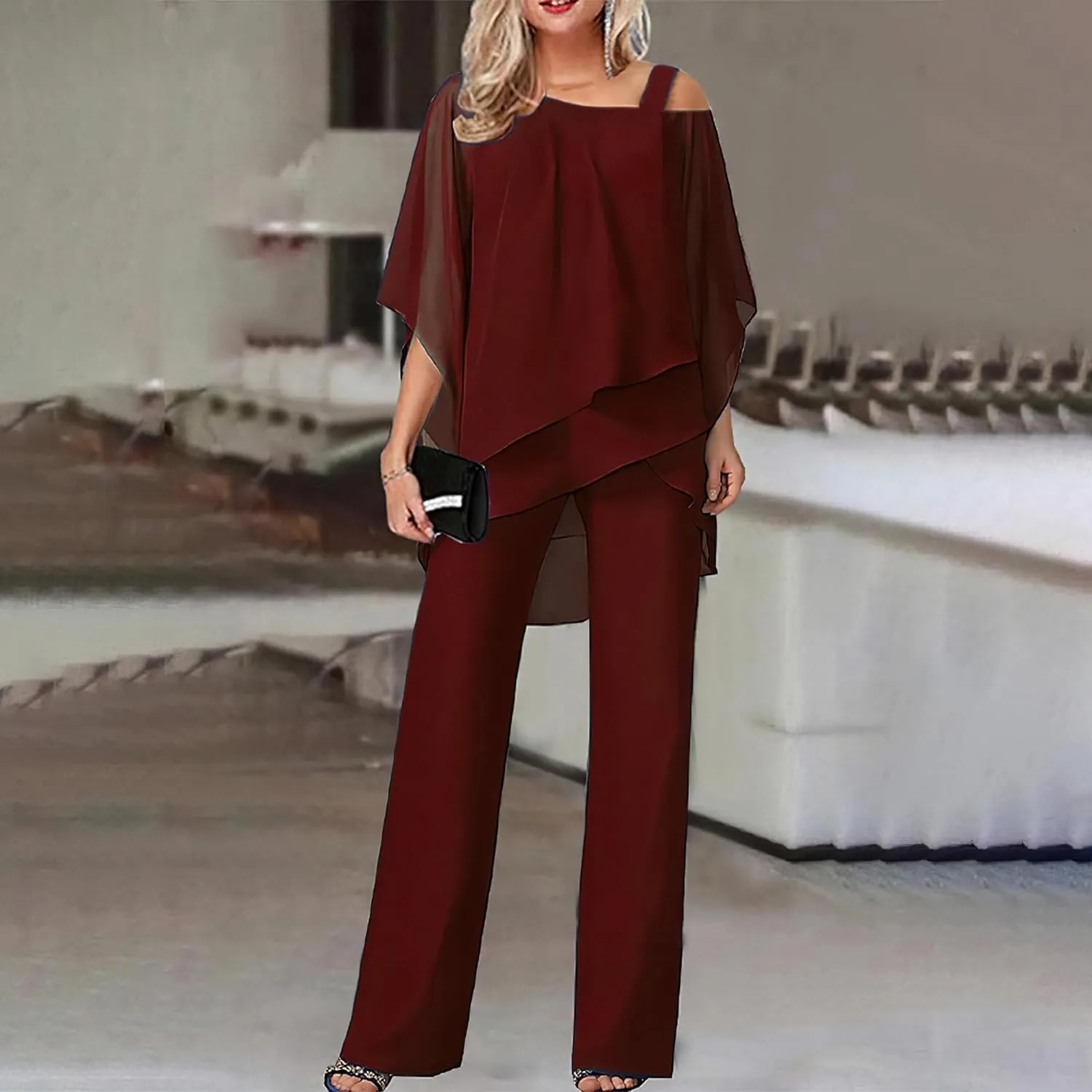 Bengbobar Women's Formal Pants Suits Chiffon Cocktail Pantsuits Guest Irregular Dressy Pantsuits for Wedding Evening Party