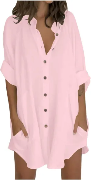 Binmer Womens Linen Button Down Shirt Summer 3/4 Sleeve Loose Blouse Oversized Casual V Neck Tunic Tops with Pockets