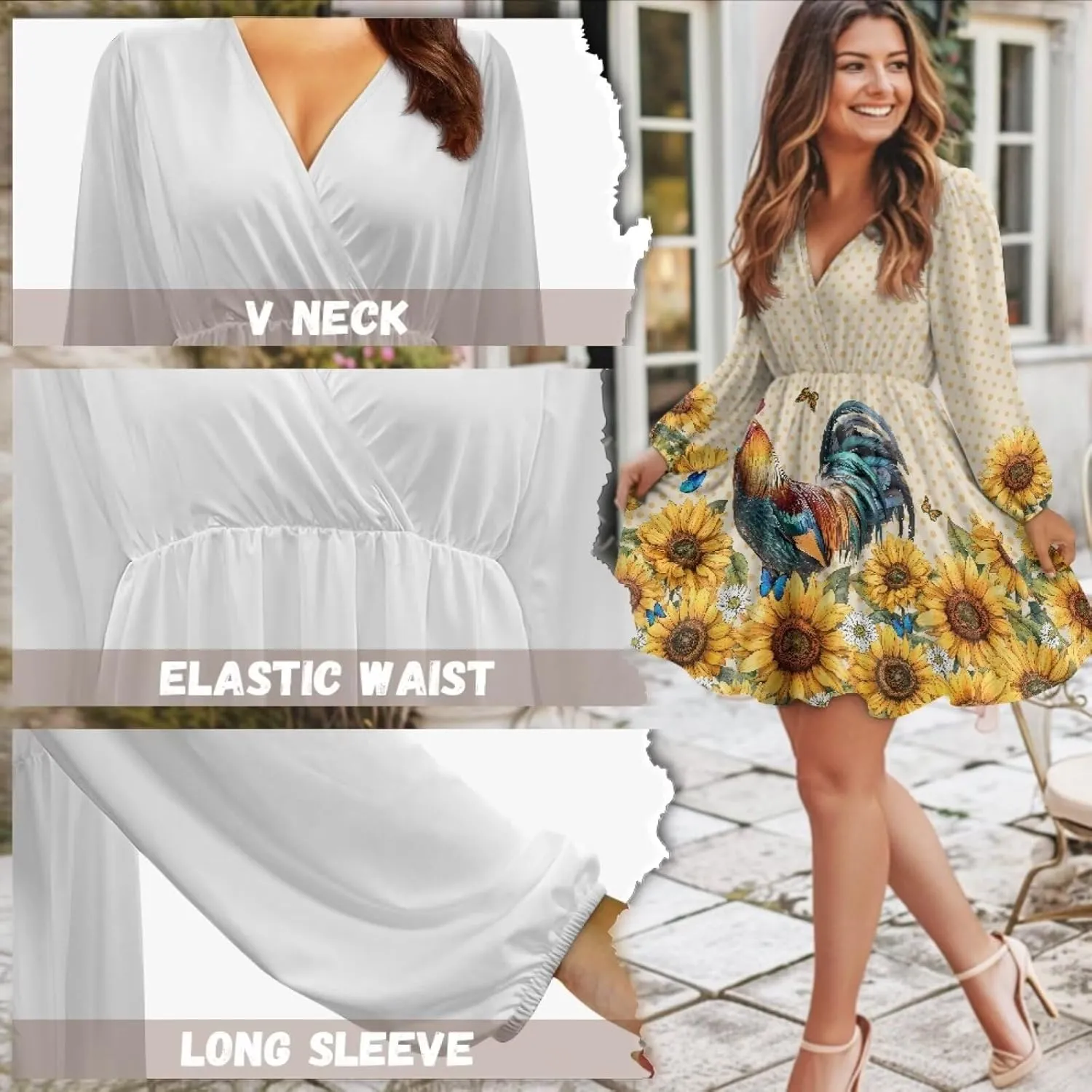 Biyejit Casual Tunic Dress for Women V Neck Ruffle Long Sleeve Dresses Loose Flowy Beach Cover Up Swing Dress