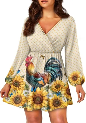Biyejit Casual Tunic Dress for Women V Neck Ruffle Long Sleeve Dresses Loose Flowy Beach Cover Up Swing Dress