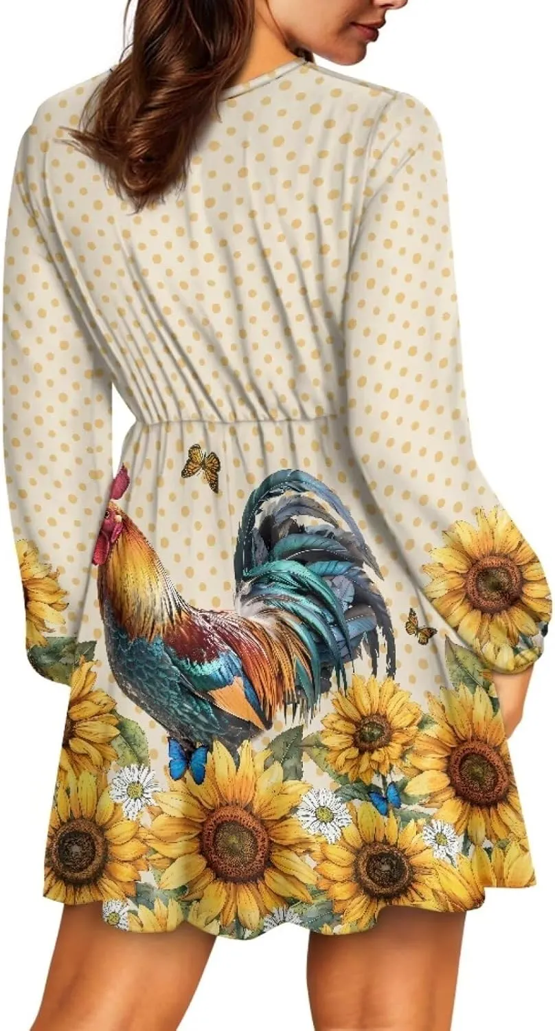 Biyejit Casual Tunic Dress for Women V Neck Ruffle Long Sleeve Dresses Loose Flowy Beach Cover Up Swing Dress