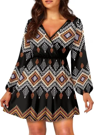 Biyejit Womens Casual Dress Fall Winter Long Sleeve Shift Tunic Dress Hide Belly Swing Mini Dress Plus Size S-2XL