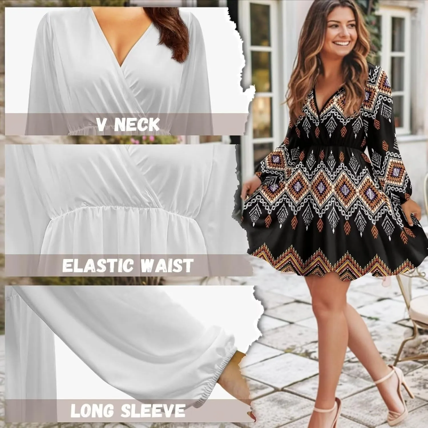 Biyejit Womens Casual Dress Fall Winter Long Sleeve Shift Tunic Dress Hide Belly Swing Mini Dress Plus Size S-2XL