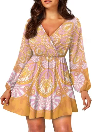 Biyejit Womens Casual Dress Fall Winter Long Sleeve Shift Tunic Dress Hide Belly Swing Mini Dress Plus Size S-2XL
