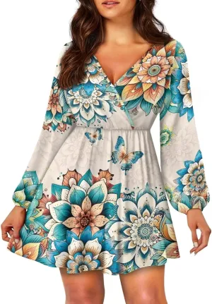 Biyejit Womens Casual Dress Fall Winter Long Sleeve Shift Tunic Dress Hide Belly Swing Mini Dress Plus Size S-2XL