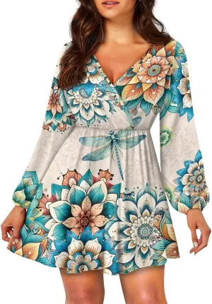 Biyejit Womens Casual Dress Fall Winter Long Sleeve Shift Tunic Dress Hide Belly Swing Mini Dress Plus Size S-2XL