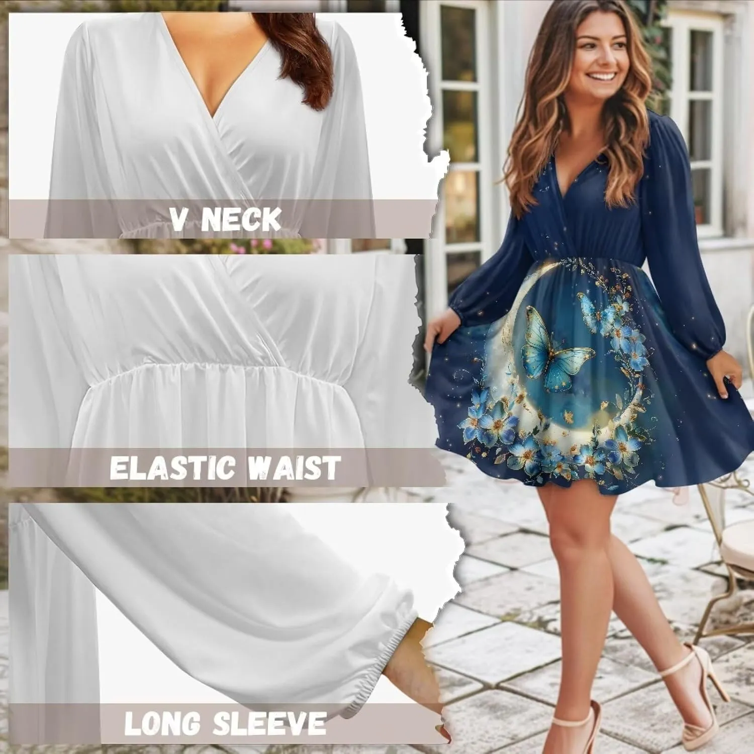 Biyejit Women's Casual V Neck Long Sleeve Smocked High Waist Ruffle A Line Mini Dress Tunic Dress Plus Size S-2XL