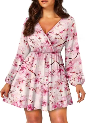 Biyejit Women's Casual V Neck Long Sleeve Smocked High Waist Ruffle A Line Mini Dress Tunic Dress Plus Size S-2XL