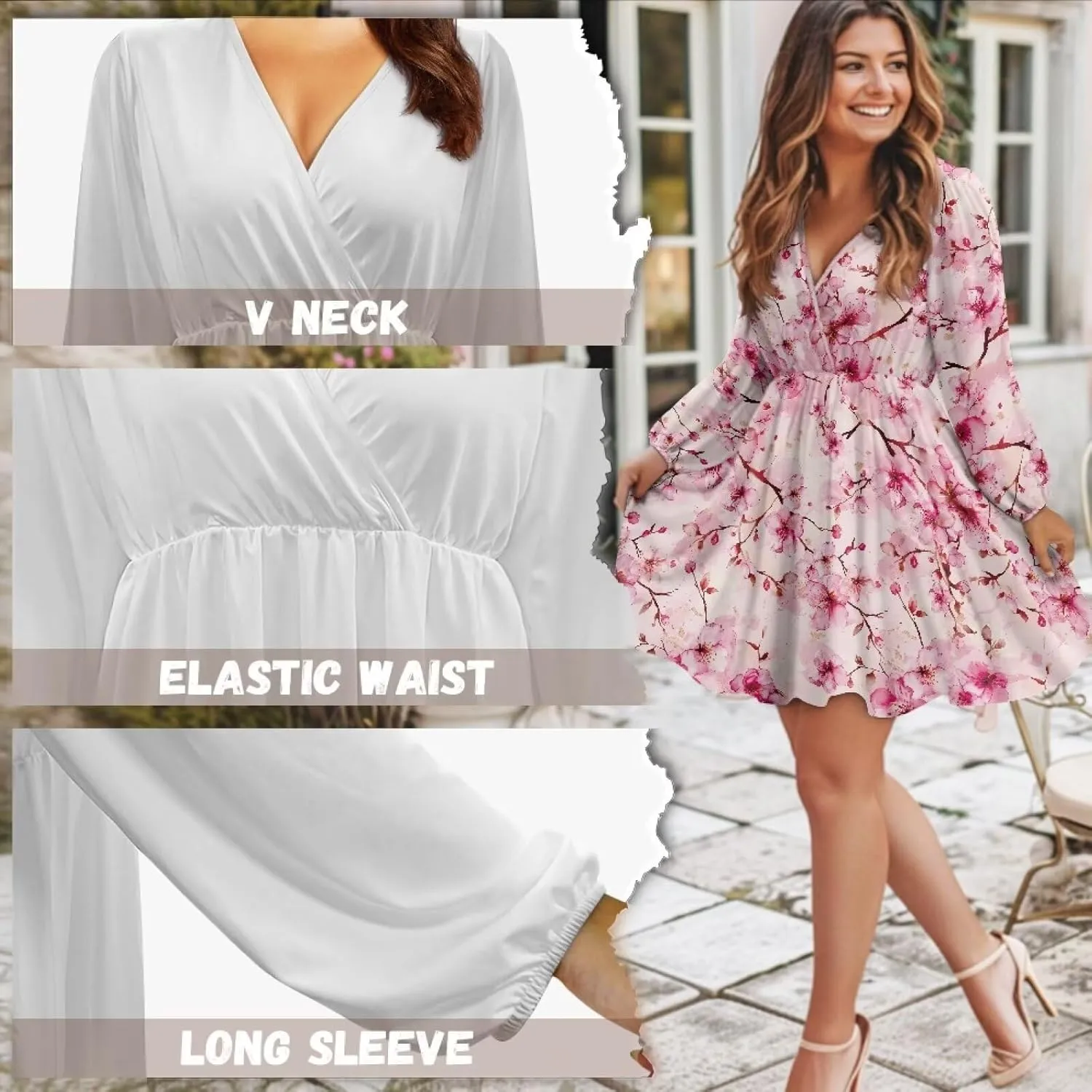 Biyejit Women's Casual V Neck Long Sleeve Smocked High Waist Ruffle A Line Mini Dress Tunic Dress Plus Size S-2XL