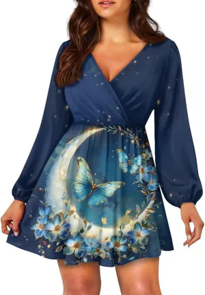 Biyejit Women's Casual V Neck Long Sleeve Smocked High Waist Ruffle A Line Mini Dress Tunic Dress Plus Size S-2XL