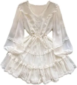 Bohemian Beach Dress Womens Elegant Short White Lace Up Ruffle Hem Layered Mesh Full Sleeve Summer Boho Mini Dress(Small Short)